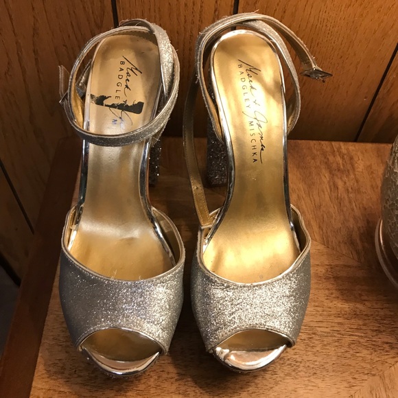 BADGLEY MISCHKA Shoes Open Toe Platform - Silver Sparkle-Size 9 -Good Condition - Picture 10 of 15